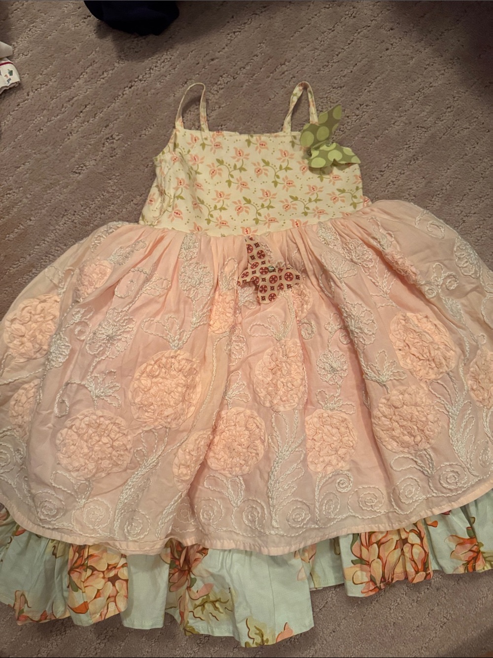 Girls Peach Floral Layered Party Dress with Bow Accent